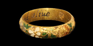 Post Medieval Gold Enamelled  Not a truer frend aliue Posy Ring