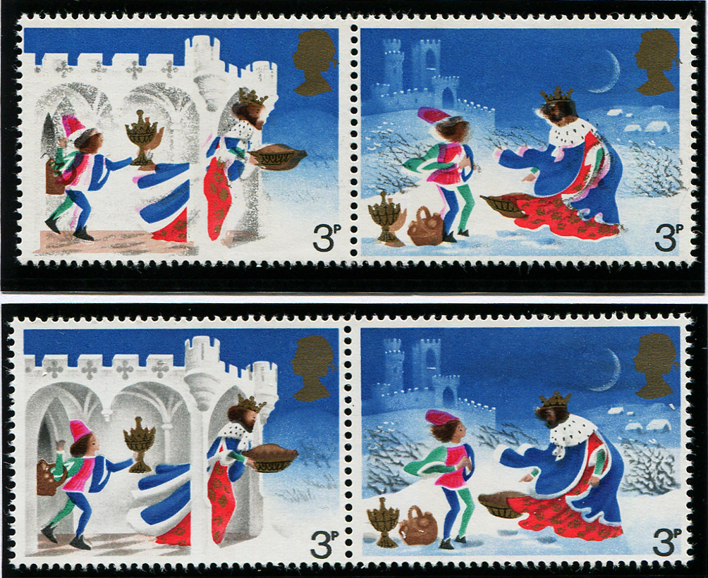 1973 Xmas 3p SG 945/46 MULTIPLE COLOUR SHIFT