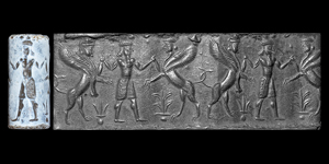 Western Asiatic Assyrian Chalcedony Cylinder Seal with Hero Scene