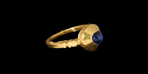 Massive Medieval Gold Inscribed Ring with Sapphire
