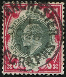 1/- SG 257 VARIETY, DULL GREEN & BRIGHT CARMINE(F) FU