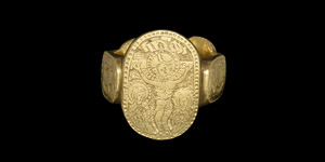 Massive Gold Iconographic Glove Ring with Saints