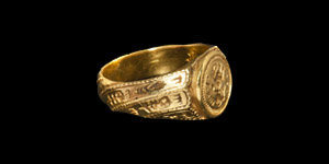 Gold Inscribed Signet Ring with Couchant Hound