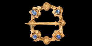 Medieval Elaborate Gold Ring Brooch with Sapphires