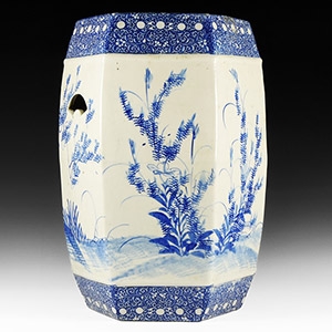 Large Japanese Blue and White Stool with Birds