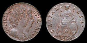 English Milled Coins - William and Mary - 1694 - Copper Farthing