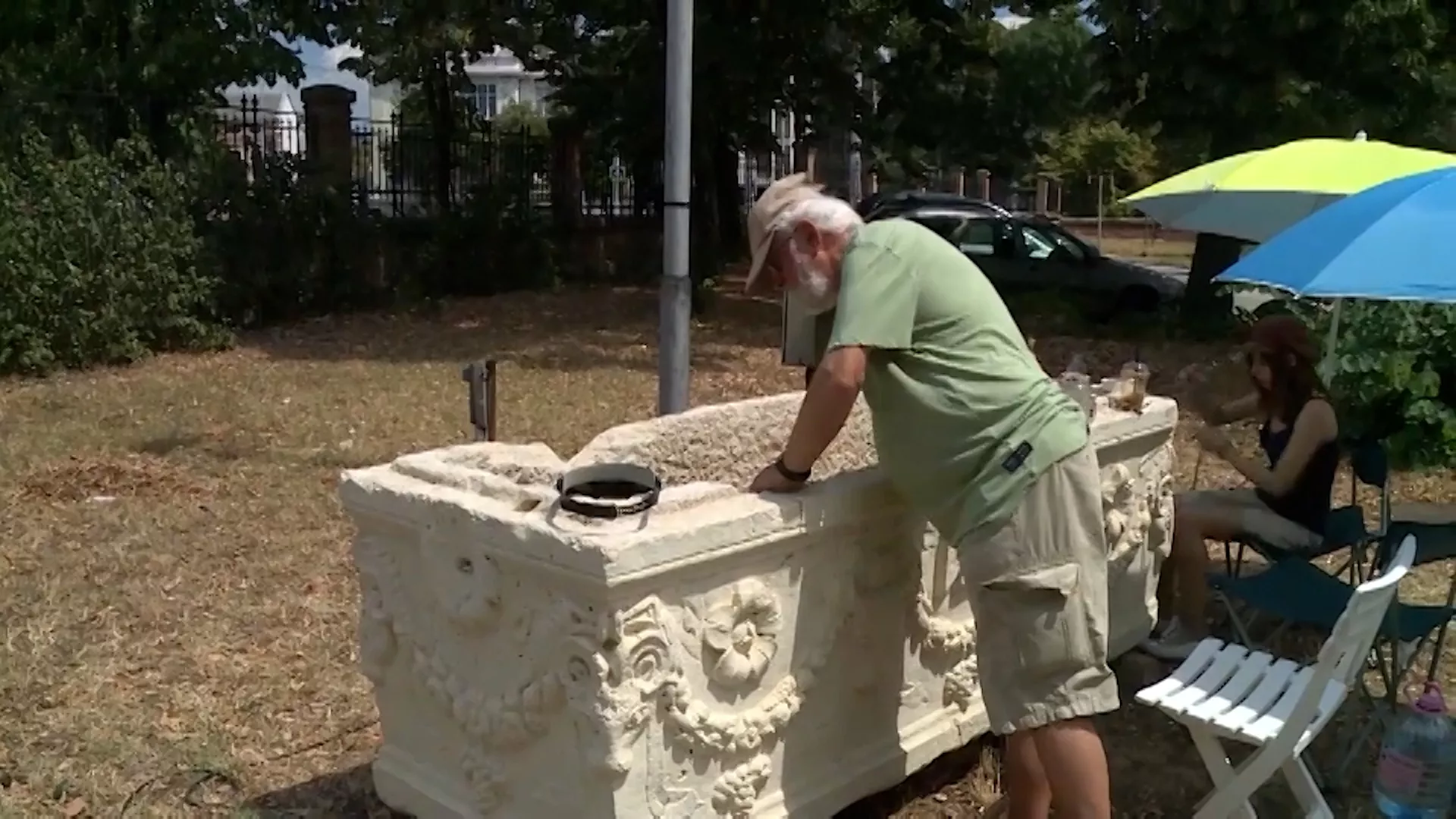 Roman sarcophagus used as a beach bar table