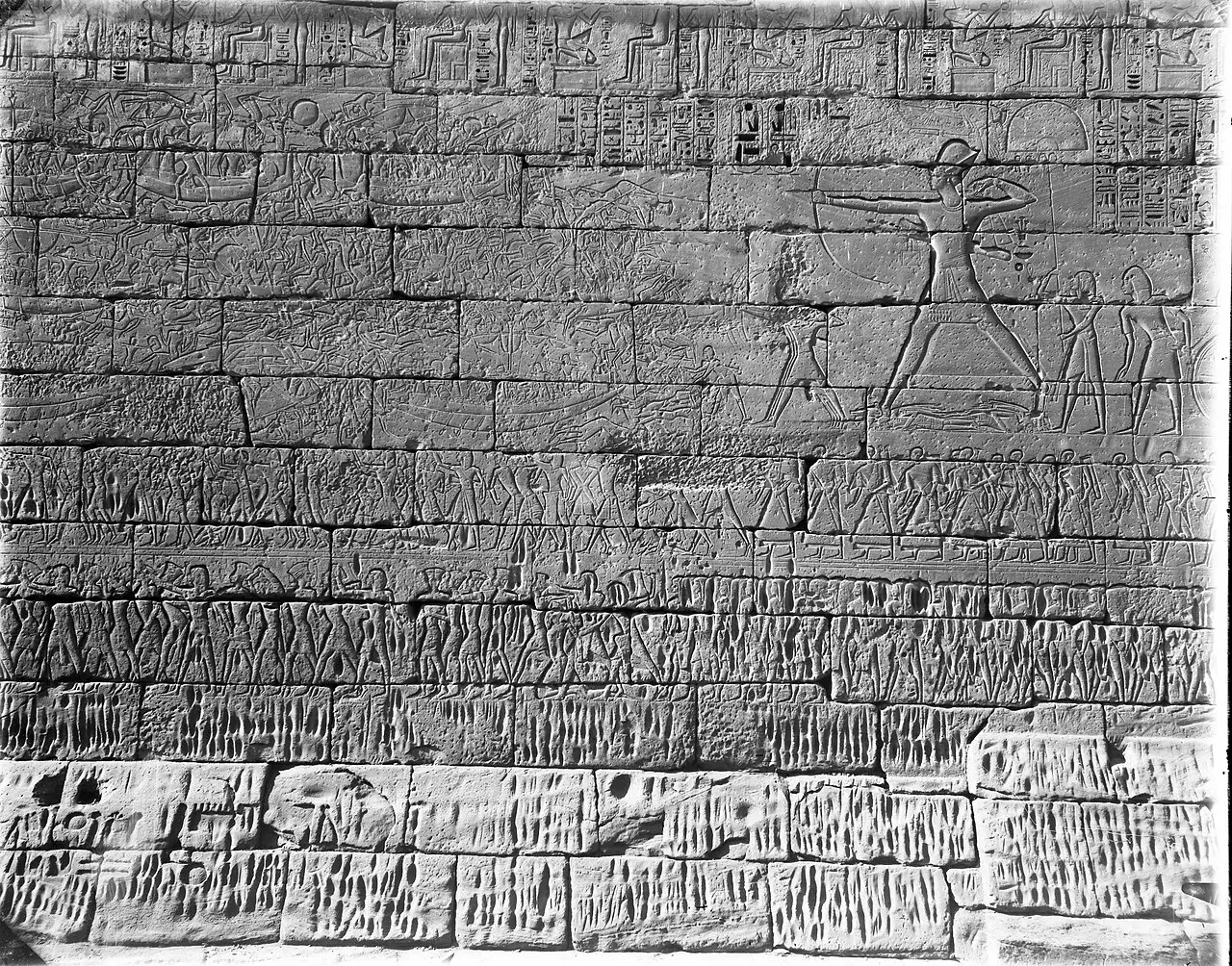 The naval battle relief on the north wall of the mortuary temple of Ramesses III at Medinet Habu