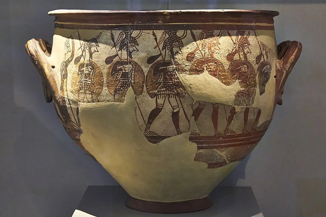 The Mycenaean Warrior Vase, a krater showing armed men marching to war