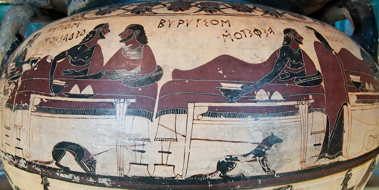 The Eurytios Krater, banqueters reclining with hunting dogs beneath the couches