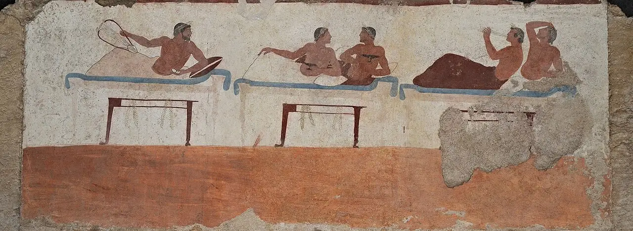 The symposion fresco from the Tomb of the Diver, men reclining two to a couch