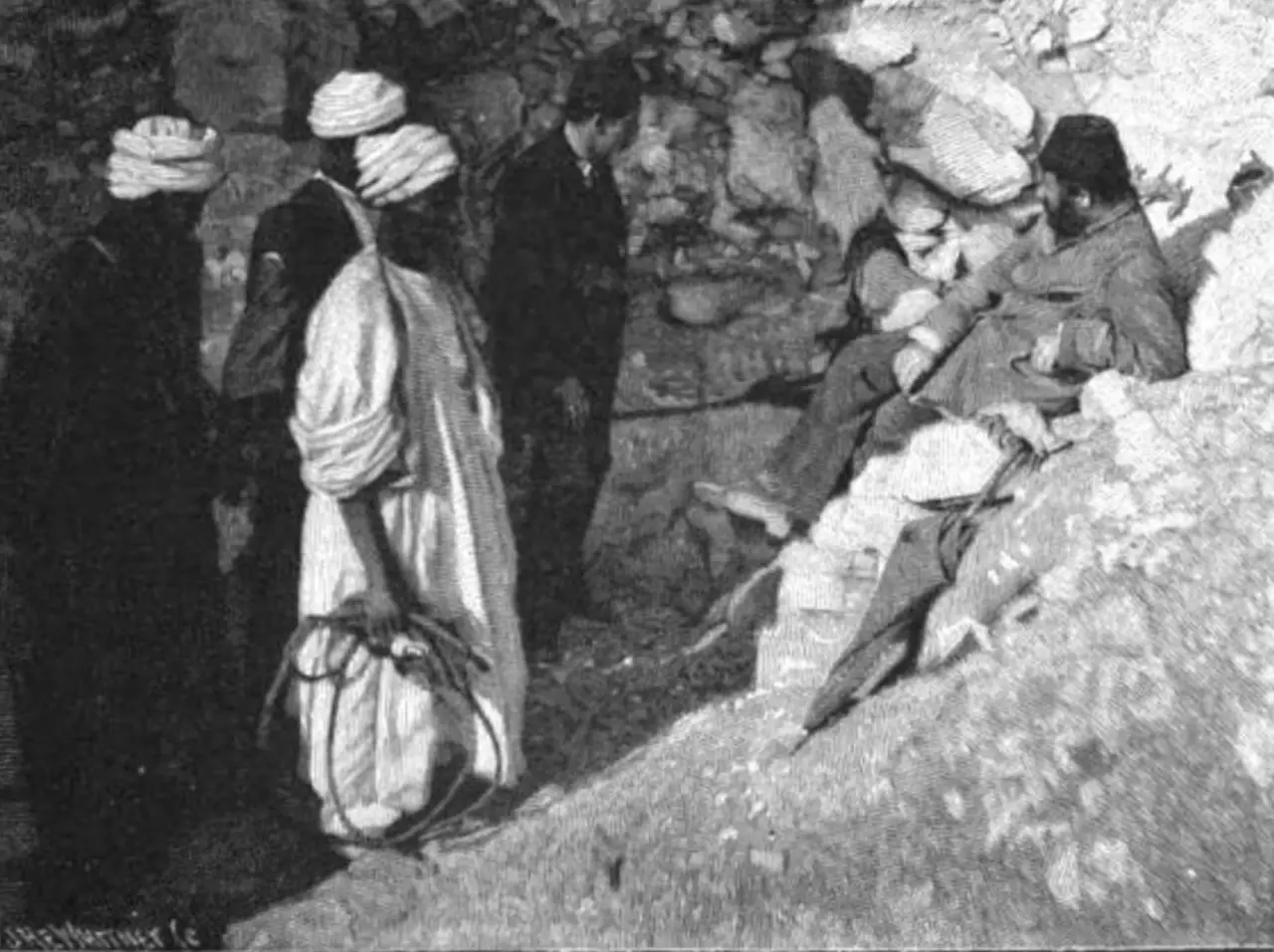 Maspero, Brugsch and Mohammed Abd el-Rassul at the mouth of the royal cache shaft at Deir el-Bahari