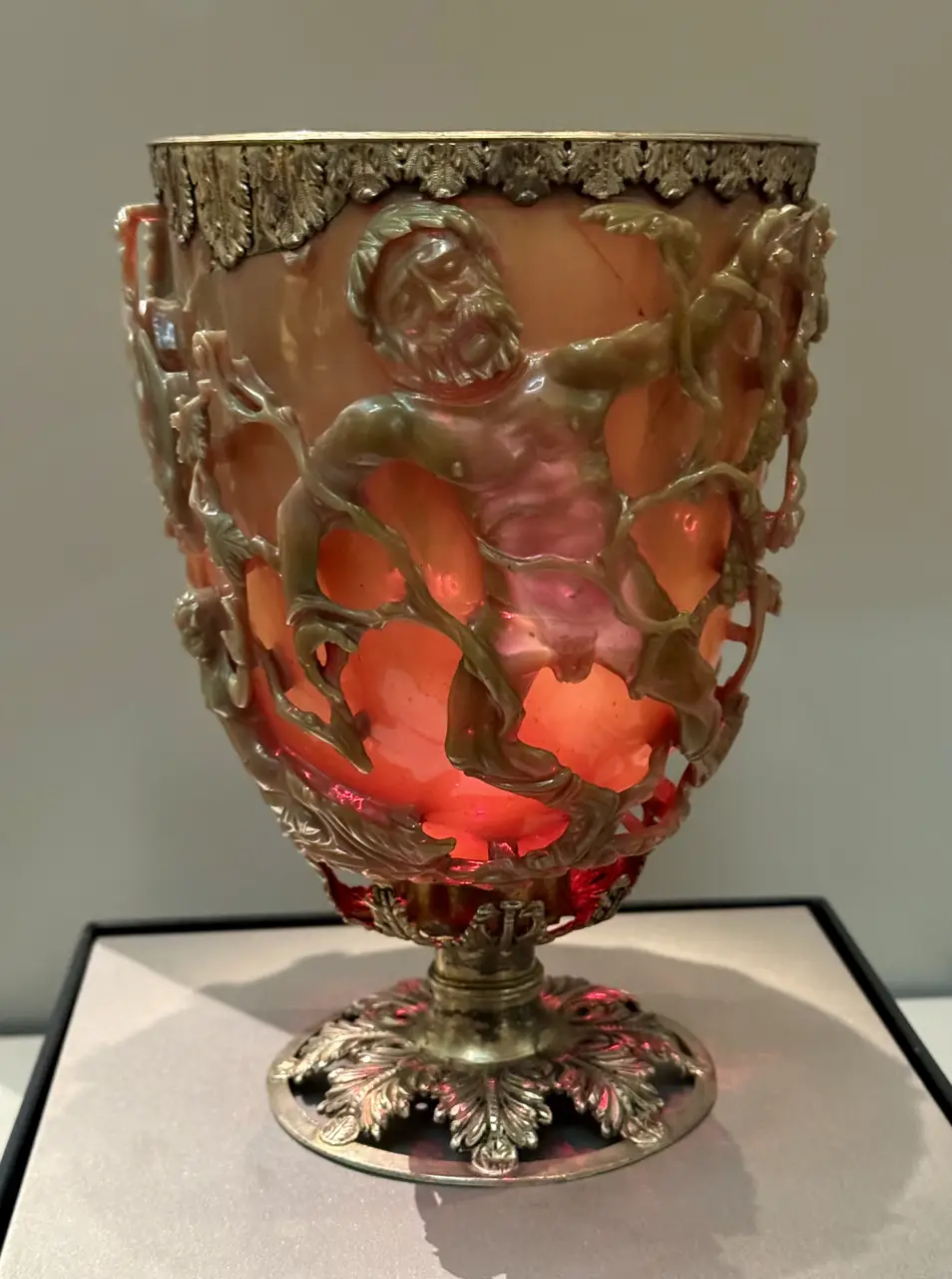 The Lycurgus Cup lit from within, glowing red