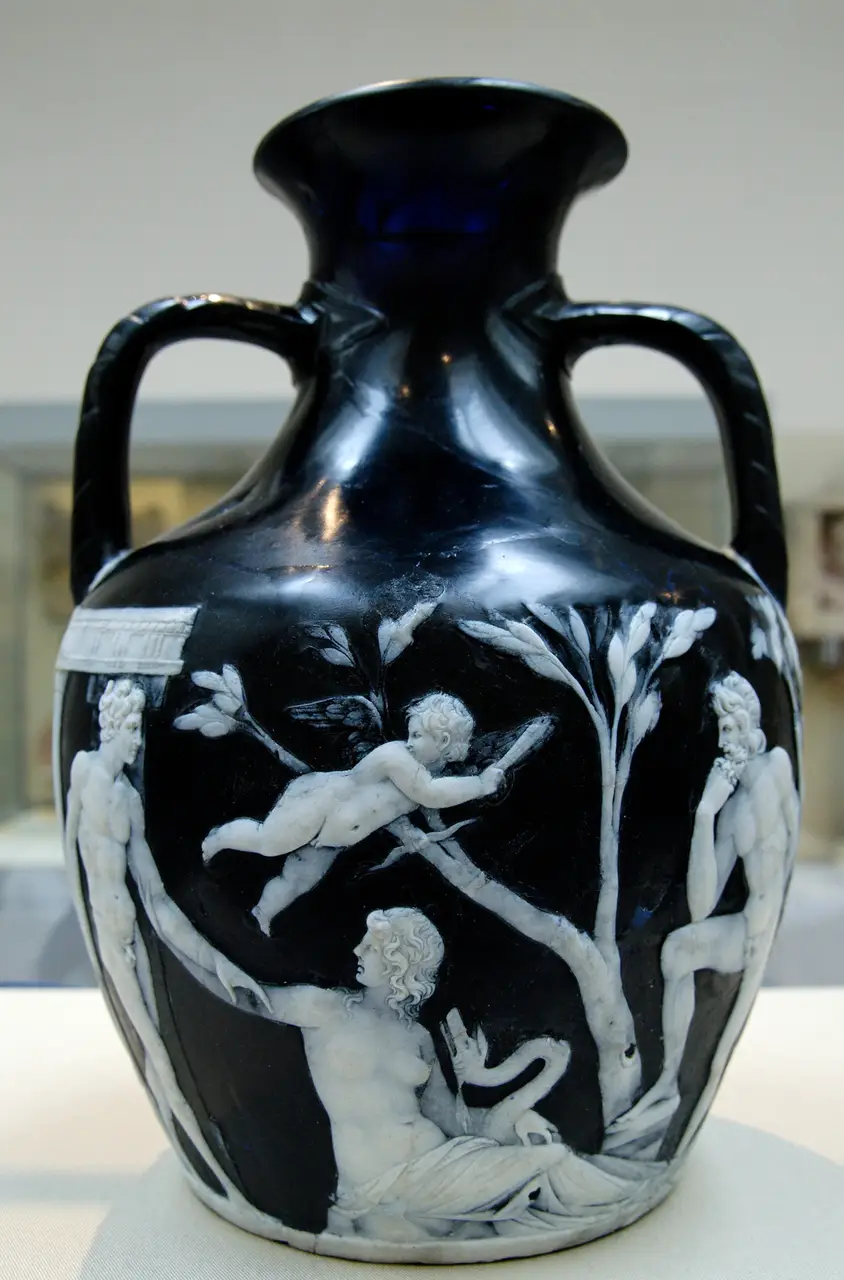 The Portland Vase, a Roman cameo-glass amphora in blue and white