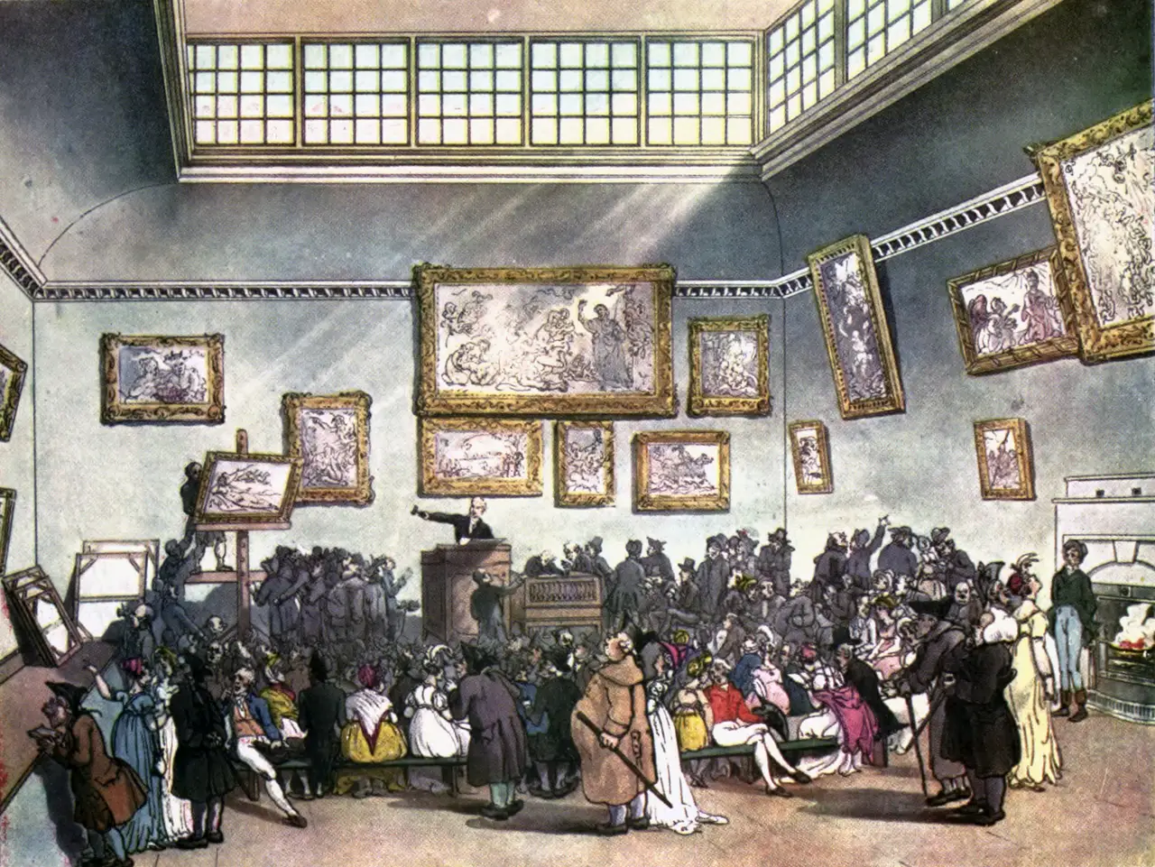 Christie's auction room in 1808, crowded for a picture sale, the auctioneer at the rostrum