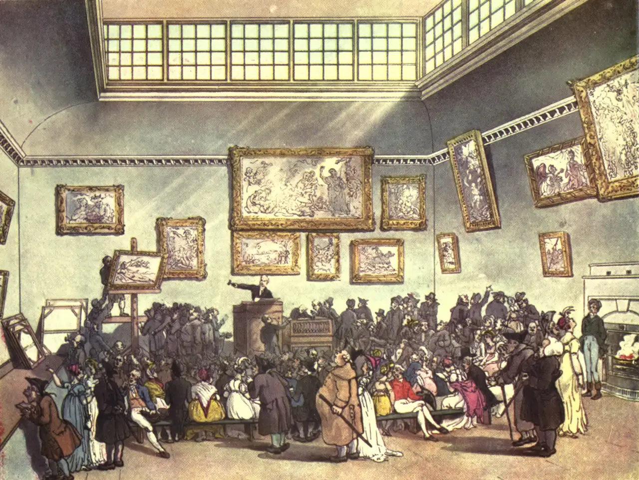 The auction room at Christie's, a hand-coloured aquatint of a crowded London sale in 1808