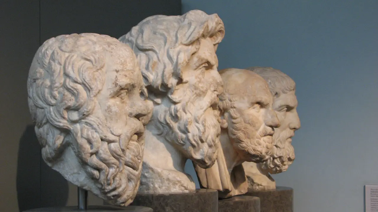 Roman marble heads of four Greek philosophers in the British Museum
