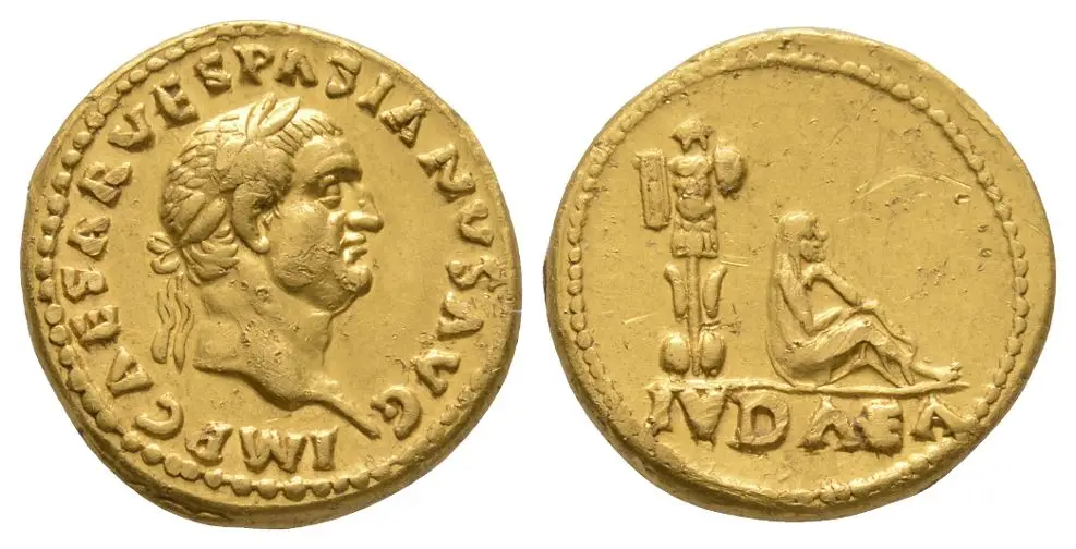 A gold aureus of Vespasian with a Judaea Capta reverse, struck at Rome in 69 to 70 AD