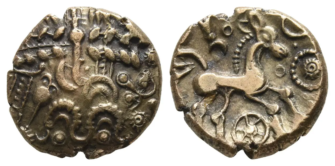 A Celtic gold stater of the Belgae with a triple-tailed horse, about 60 to 20 BC