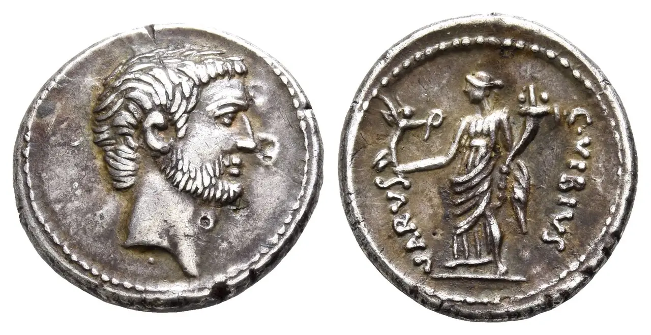 A silver denarius of Mark Antony, struck at Rome in 42 BC