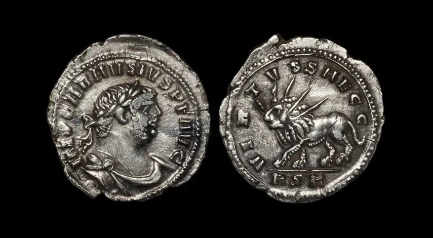 A silver denarius of Carausius with a radiate lion reverse, London mint, 287 to 293 AD