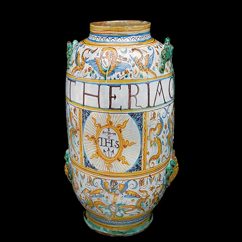 Majolica drugs jar used in the 17th century to store theriaca. Public domain image.