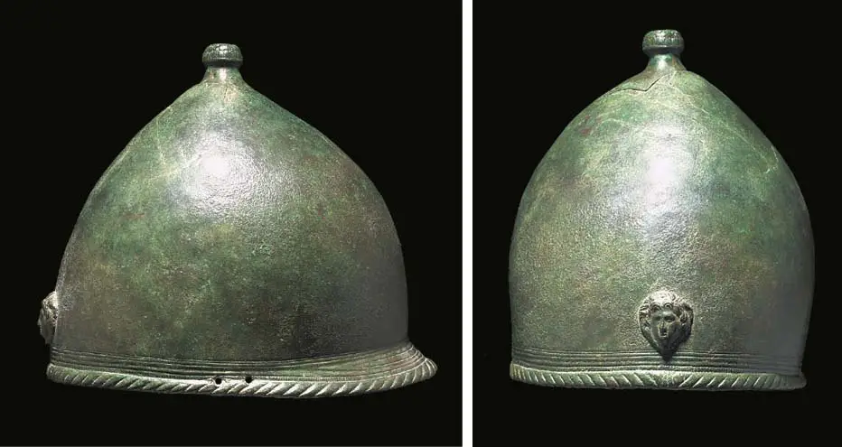 Two views, front and back, of a bronze helmet with a domed bowl, a top knob and a cabled rim