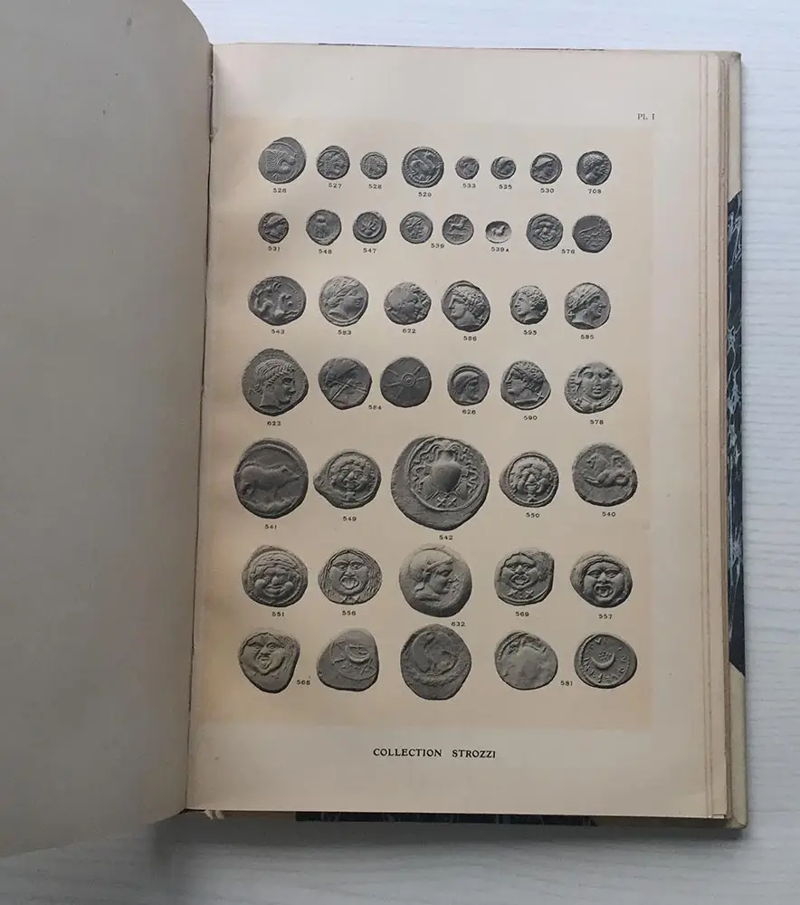 A catalogue plate of ancient engraved gems shown as impressions, numbered, headed "Collection Strozzi"