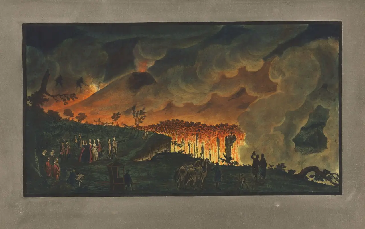 A hand-coloured plate of Vesuvius erupting at night, with onlookers, from Hamilton's Campi Phlegraei
