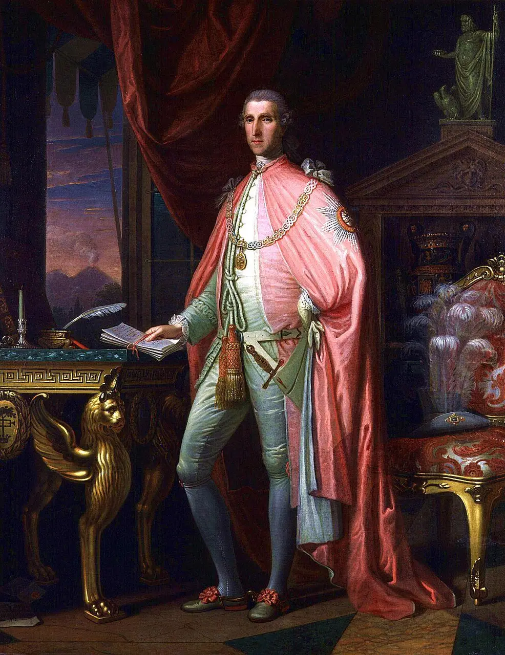 Sir William Hamilton in the robes of the Order of the Bath, a Greek vase beside him and Vesuvius smoking through the window, painted by David Allan in 1775