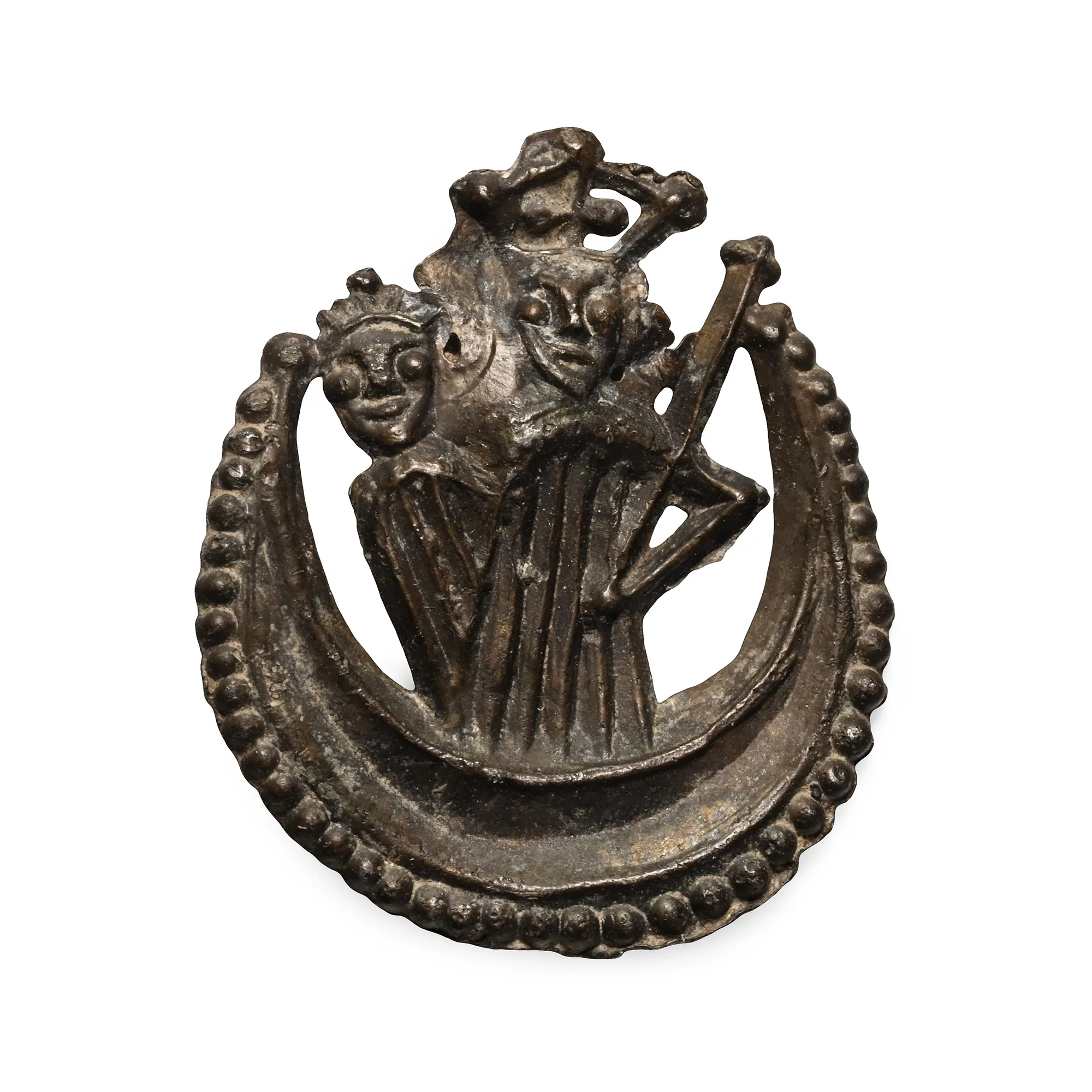 Pewter pilgrim badge of Our Lady of Willesden, the Virgin standing on a crescent moon