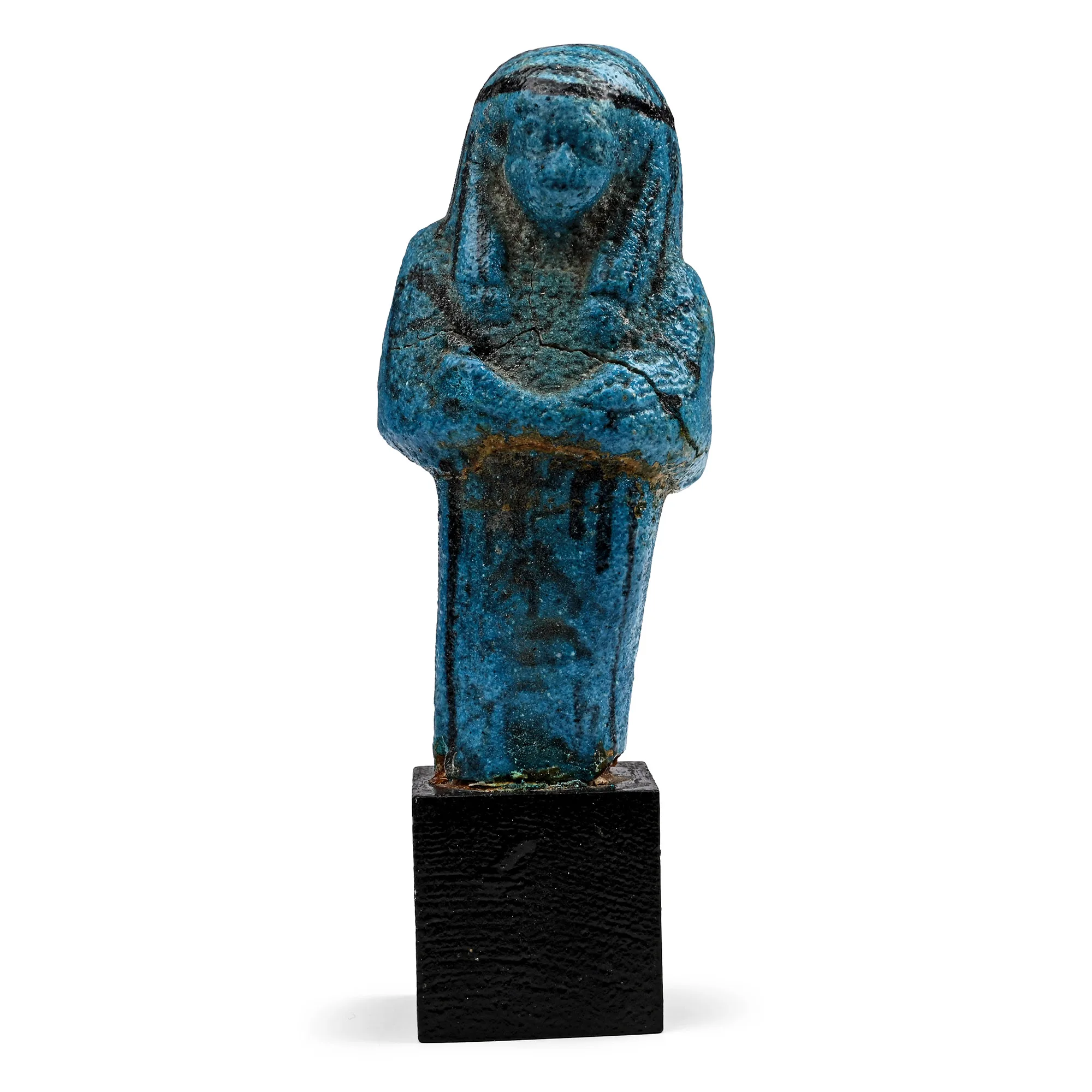 Egyptian deep-blue faience shabti, Third Intermediate Period, holding agricultural tools