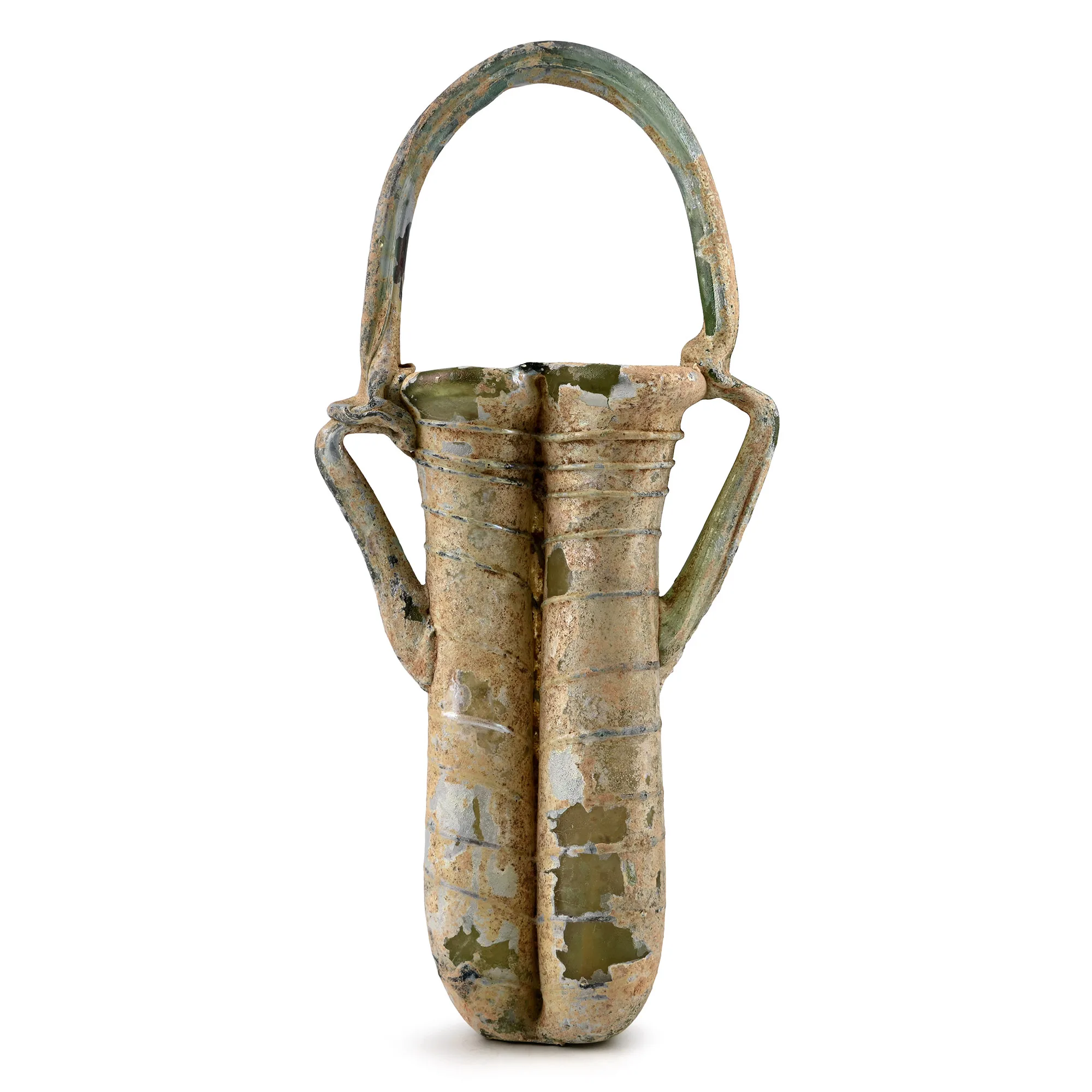 Late Roman iridescent glass double kohl tube with basket handle, eastern Mediterranean