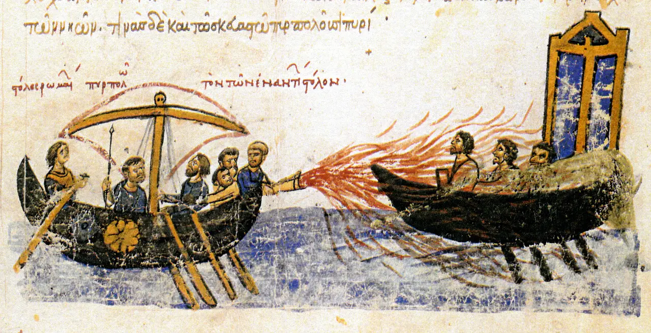 Greek fire projected through a siphon from a Byzantine warship, in the Madrid Skylitzes
