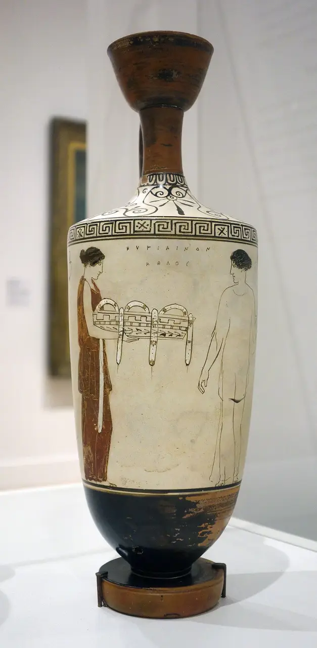 Attic white-ground lekythos attributed to the Achilles Painter, with a funerary scene drawn in outline
