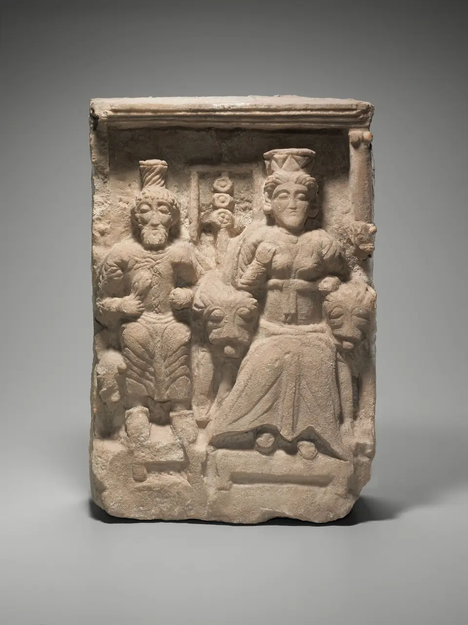 Limestone relief of the enthroned goddess Atargatis on the right and the god Hadad on the left, flanked by their animals, from Dura-Europos