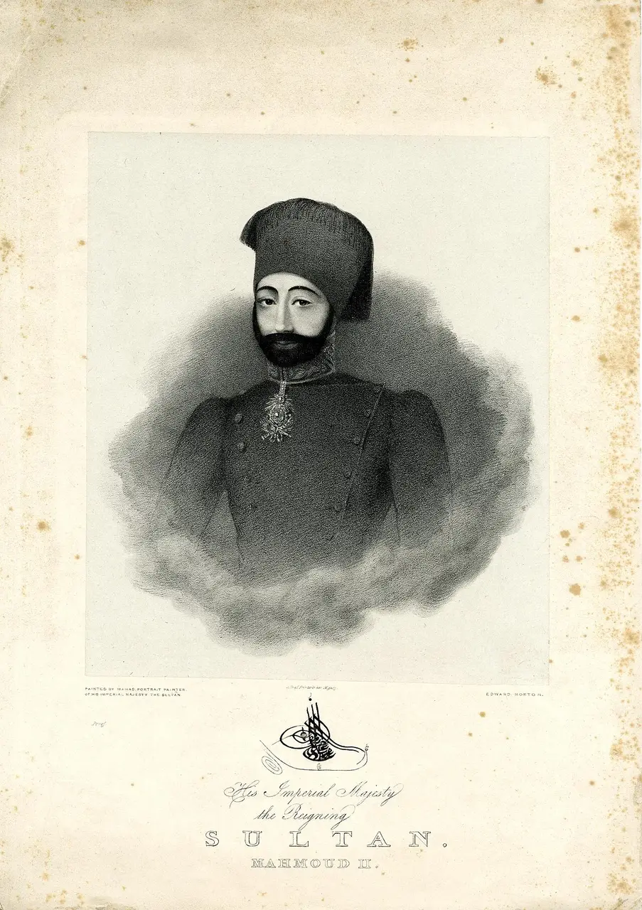 Sultan Mahmud II in a fez and European-style coat, his tughra printed below the portrait
