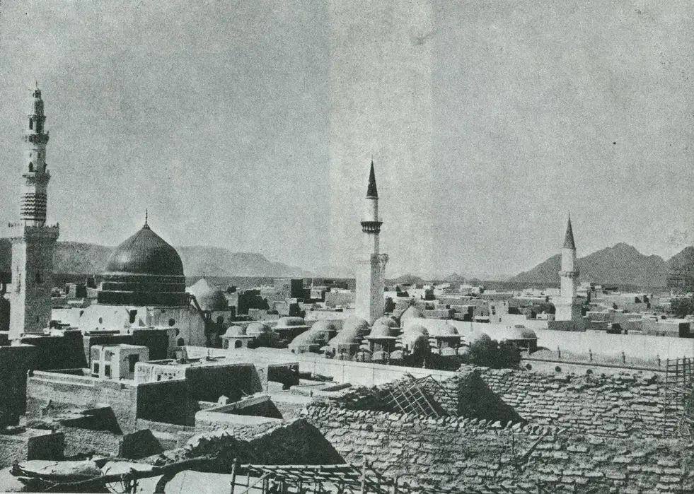 The Prophet's Mosque at Medina photographed in 1908, its dark dome over the tomb of Muhammad