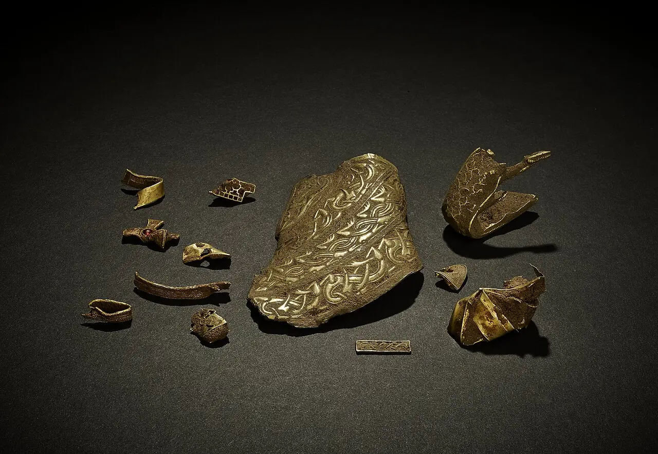 Gold sword-hilt fittings from the Staffordshire Hoard, one set with a garnet