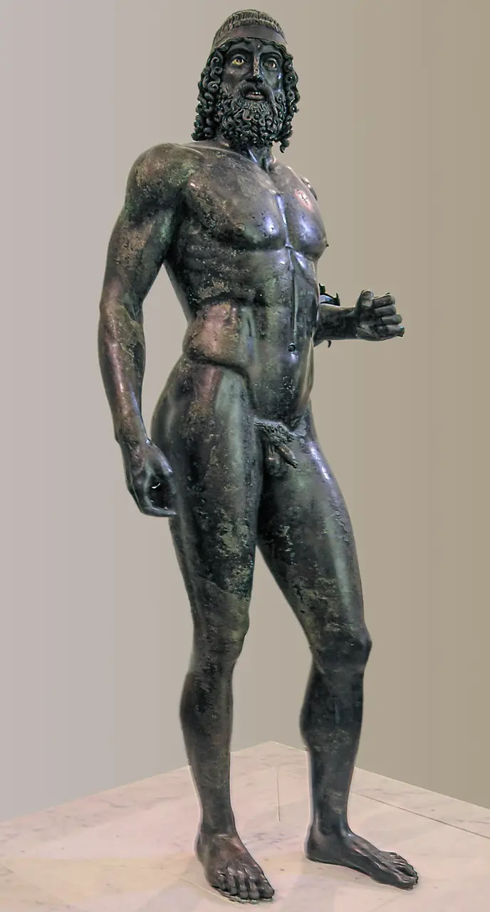 Riace Bronze A, a life-size Greek warrior, standing in the Reggio Calabria museum