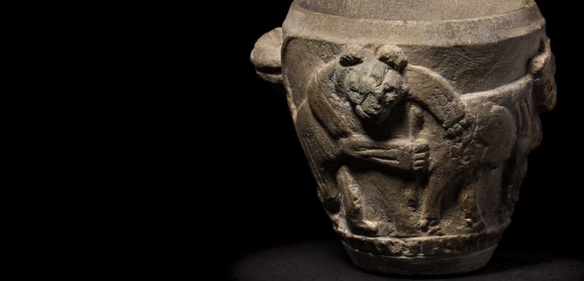Sumerian Ritual Vase with Lions Attacking Bulls