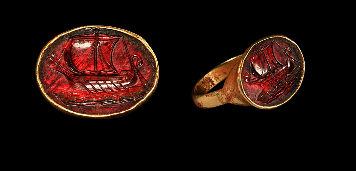 Hellenistic Gold and Garnet Ring with Galley