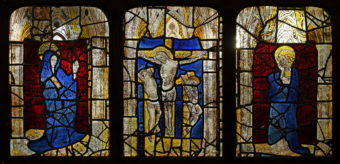 Very Large Medieval Stained Glass Crucifixion Triptych