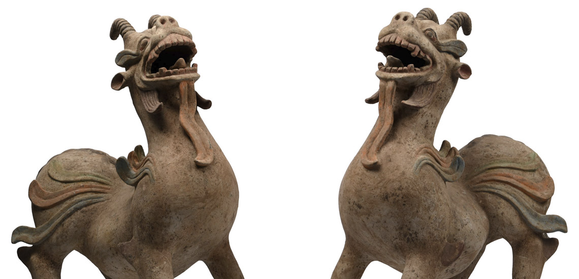Chinese Tang Terracotta Guardian Dragon Pair