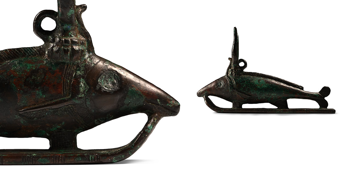 Large Egyptian Bronze Oxyrhynchus Fish of Per-Medjed with Hieroglyphics