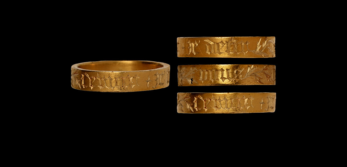 'The Great Holland' Medieval Gold Black Letter 'I Desire to Serve You' Posy Ring