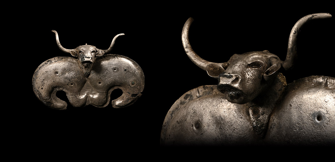 Large Proto Elamite Silver Pendant with Bull's Head