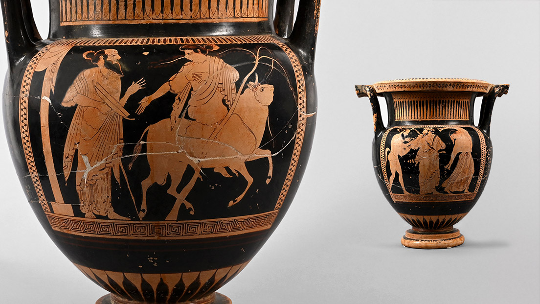 Greek Attic Red-Figure Column Krater with Bull and Rider