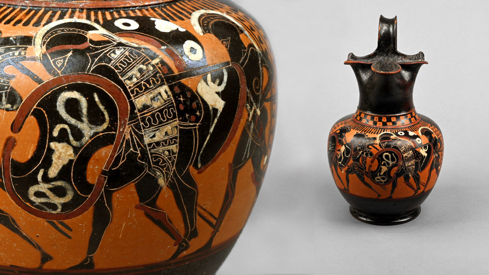 Greek Attic Terracotta Black-Figure Oinochoe with Fighting Warriors
