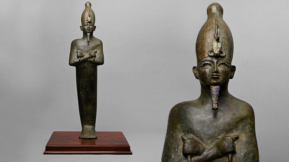 27 3/8 inch Egyptian Bronze Figure of Osiris with Lapis Lazuli Inlays